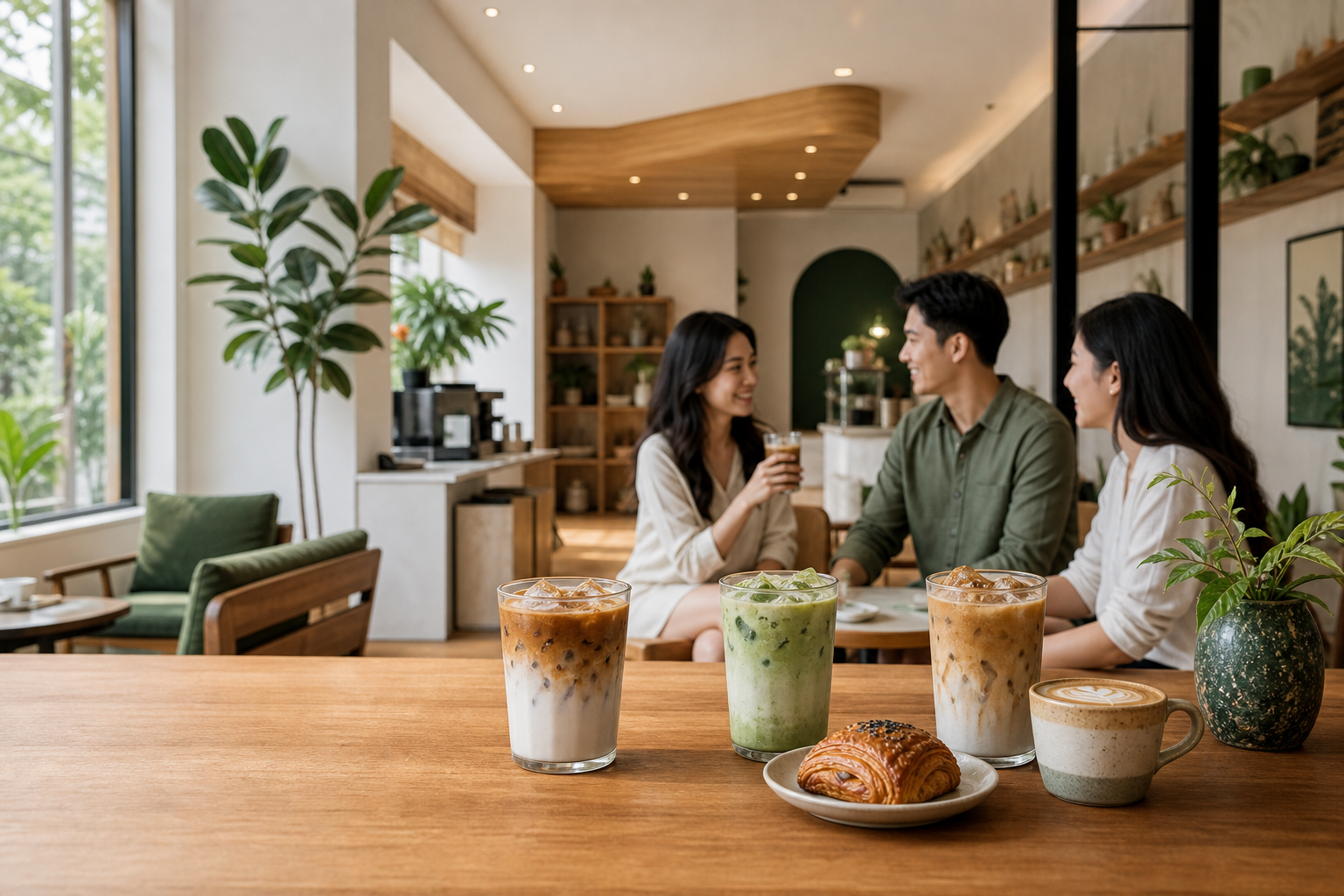 Minuman Kopi Mantan di meja cafe modern